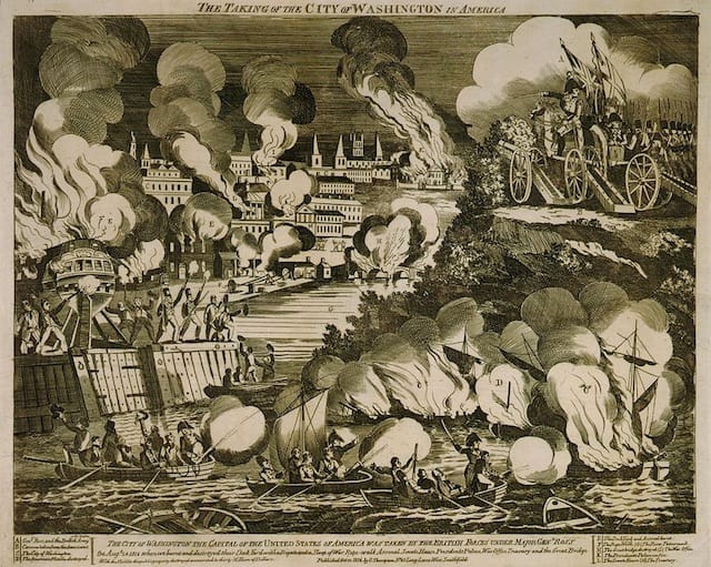 Engraving of the capture of Washington, DC by the British during the War of 1812 (via Library of Congress)