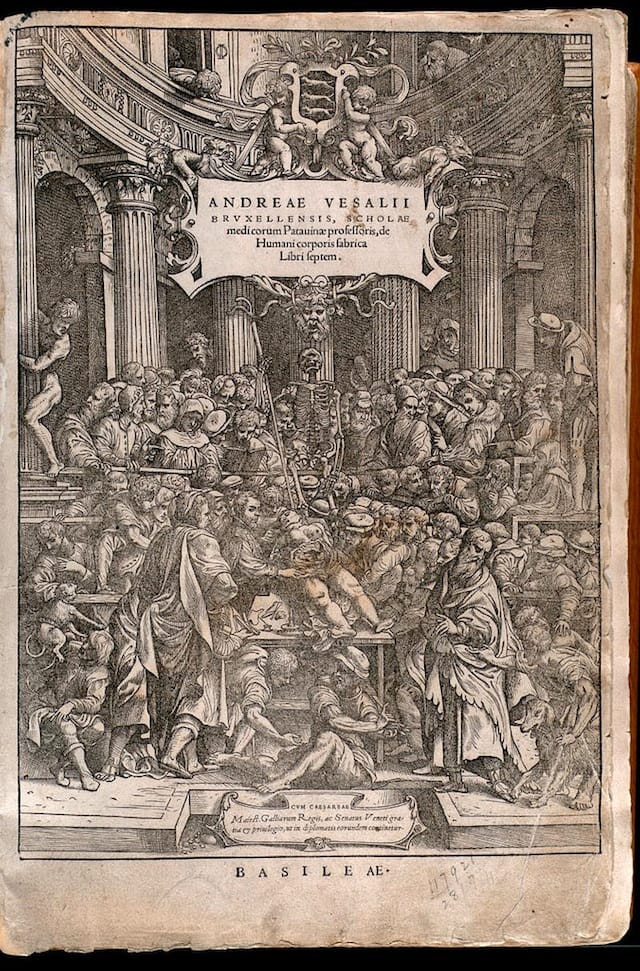 Title page of "De humani corporis fabrica" (1543) (via Thomas Fisher Rare Book Library)