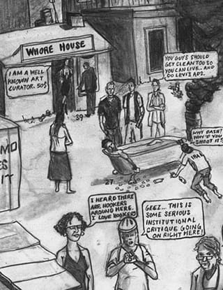 A detail of "ABMB Hooverville" (2010) evokes the flavor of "New New Berlin" (via WilliamPowhida.com)