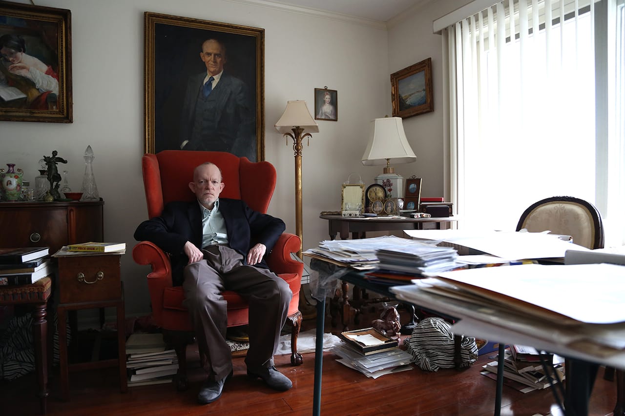 Mark Landis at home with recent forgeries is the subject of the Art and Craft documentary