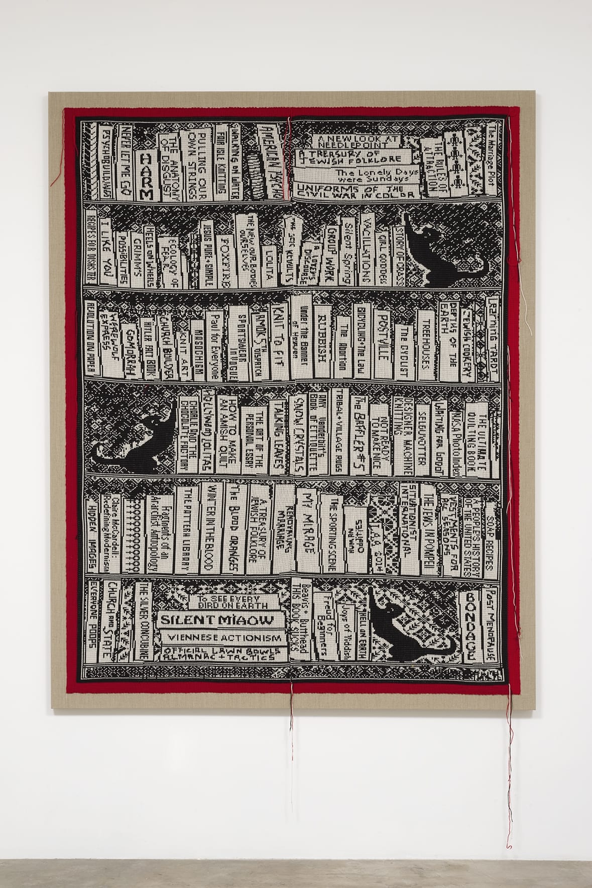 Lisa Anne Auerbach, Book Shelf 1, 2014, Knitted Wool on Linen, 80 x 63 inches (via gavlakgallery.com)