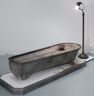 Ed Kienholz and Nancy Reddin Kienholz, End of the Bucket of Tar with Speaker Trail No. 2, 1974, Mixed media, 104 x 61 x 34 inches, Collection OCMA; Museum purchase with funds provided through prior gift of Ben C. Deane, © Kienholz (via ocma.net)