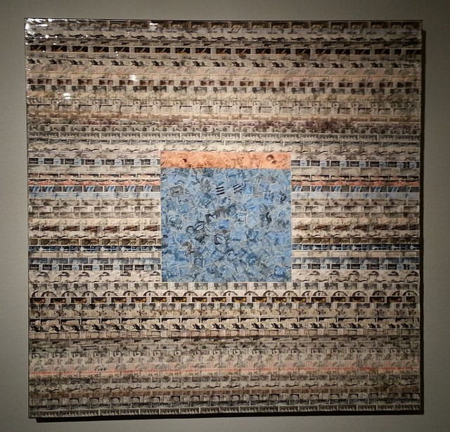 Jordan Scott, "Before Dawn" (2014), US postage stamps and resin on canvas, 30" x 30"