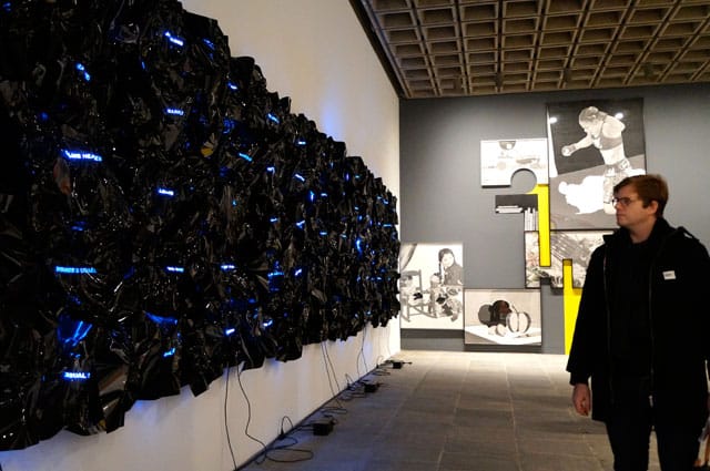 For this year's Whitney Biennial, artist Philip Vanderhyden remade Gretchen Bender's destroyed "People in Pain" (1988). Is it the same thing? (photo by the author for Hyperallergic)