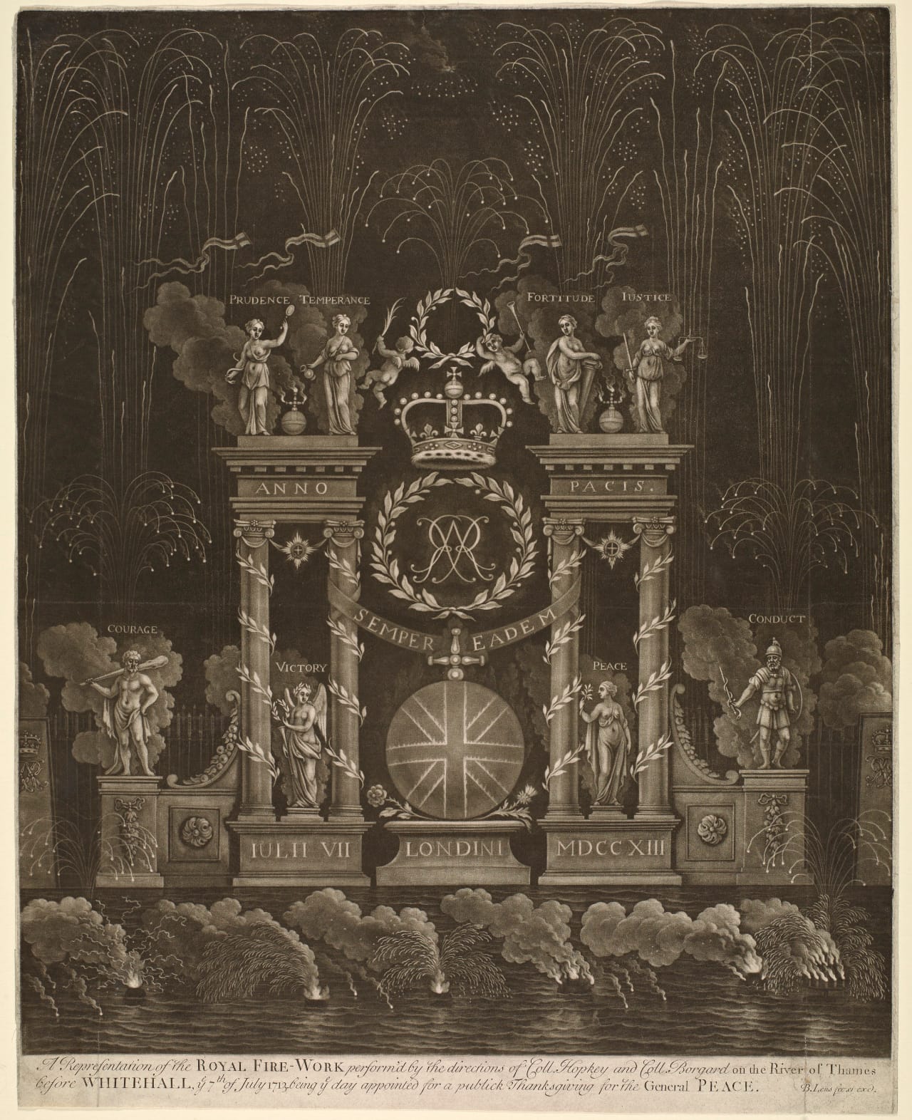Mezzotint of a firework machine used on July 7, 1713 in London (1713) (via Getty Research Institute)