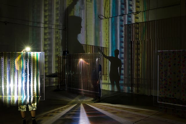 Jennifer West, "Flashlight Filmstrip Projections" (2014) (photo by Evan La Londe, courtesy of the artist) 