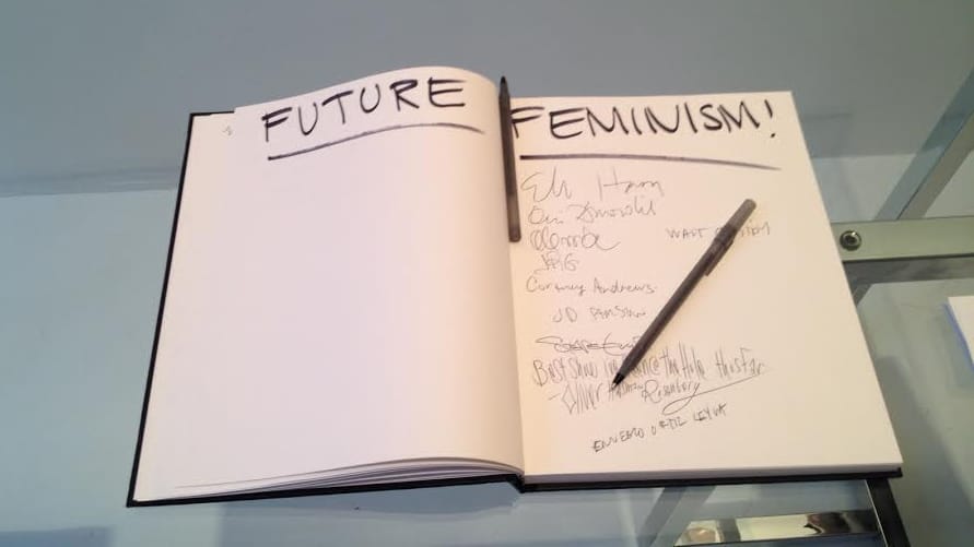 The guest book on opening night of FUTURE FEMINISM at The Hole, NYC, September 11, 2014 (All photos by author for Hyperallergic.)