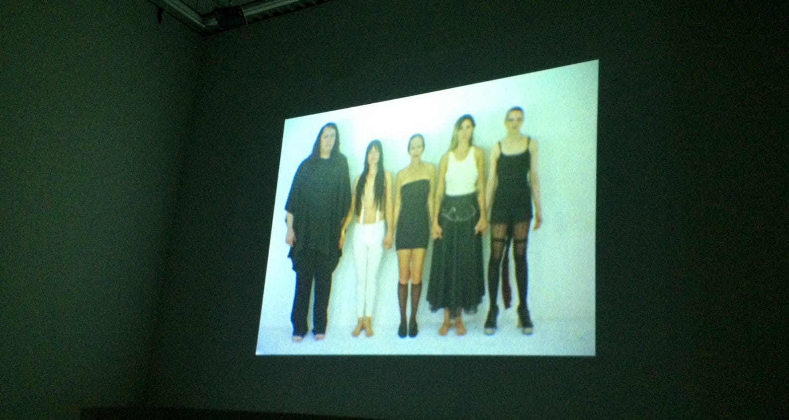 FUTURE FEMINISM video installation view. In the video frame (from left to right): Antony, Sierra Casady, Kembra Pfahler, Bianca Casady, and Johanna Constantine.