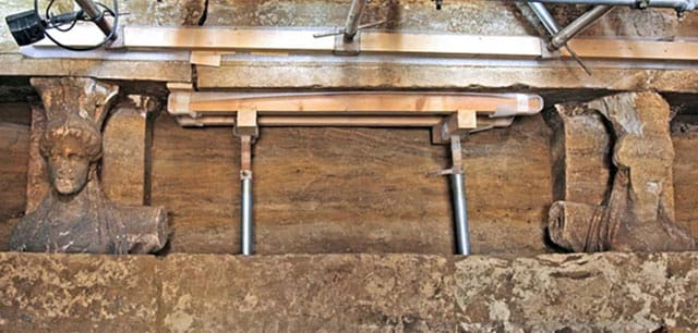 The caryatids on a wall leading to the tomb's main chamber