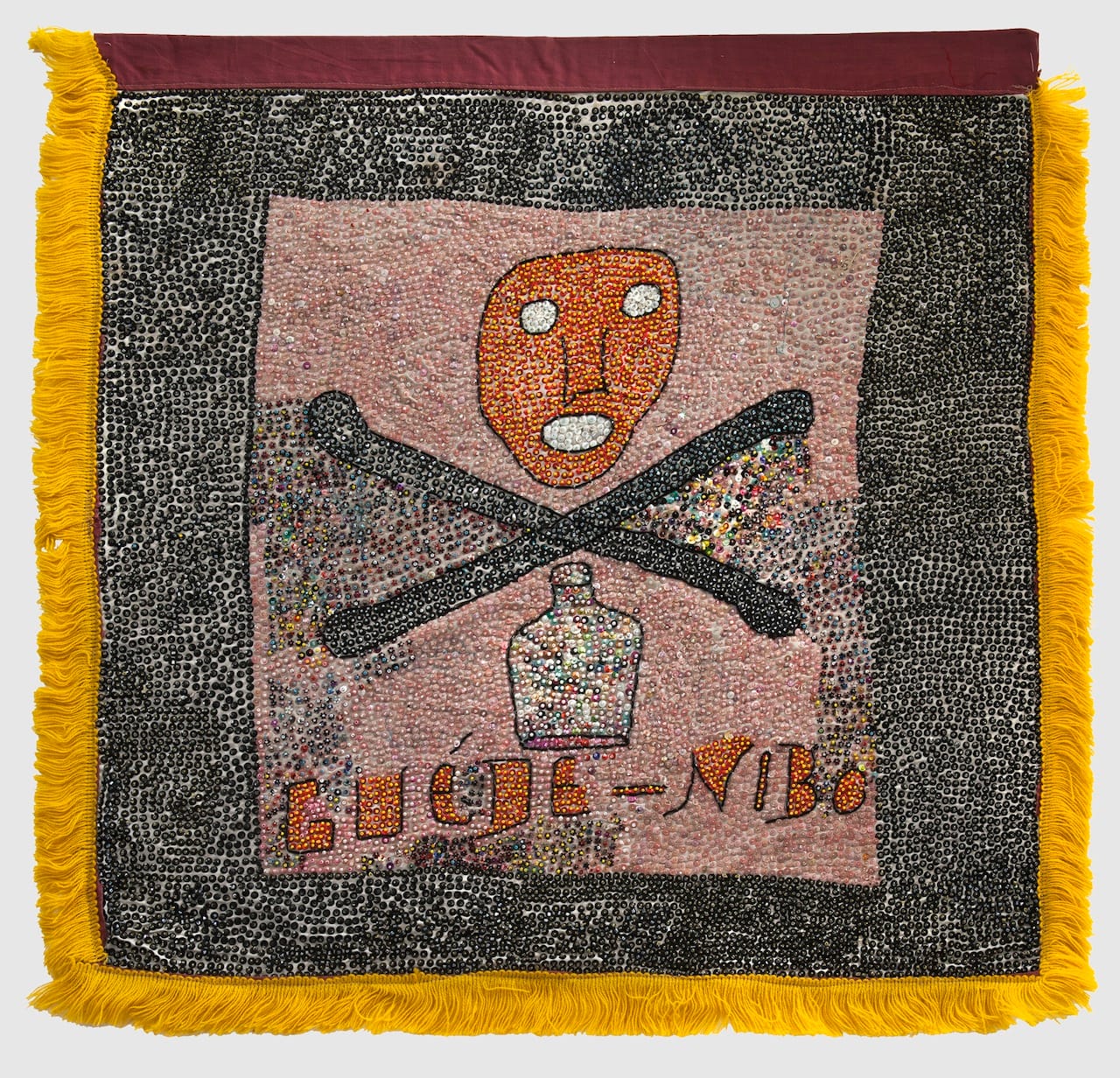 Gede (Guede) Nibo, late 20th century, cotton, sequins, beads, pearls, thread, and fringe, 32 1/2 x 33 x 1/16 inches, private collection. Photo: EG Schempf.