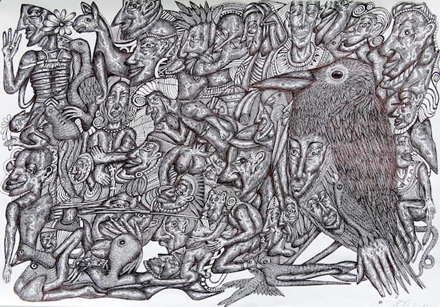 Jan Arden, "The Sacred Crow" (2014), ink on paper, dimensions variable (courtesy of Outside In/Pallant House Gallery, Chichester)