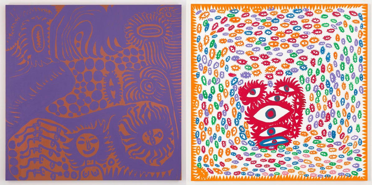 Works by Yayoi Kusama, "My Youth" (2013), and "My Heart" (2013) (via davidzwirner.com)
