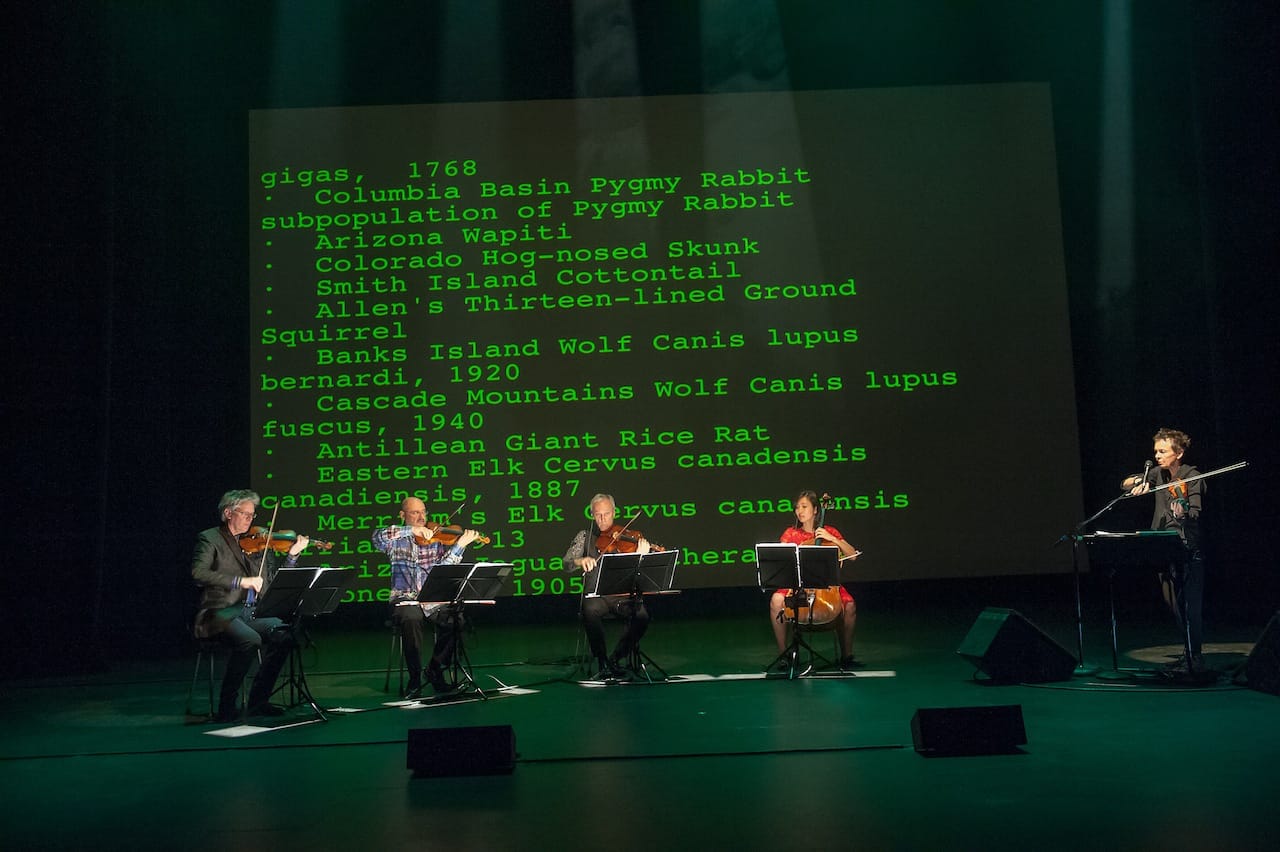 Brooklyn Academy of Music presents Landfall, a new piece by Laurie Anderson for Kronos Quartet at the BAM Harvey Theater on September 23, 2014.  Kronos Quartet (L To R) David Harrington, violin John Sherba, violin Hank Dutt, viola Sunny Yang, cello Photo Credit:  Stephanie Berger