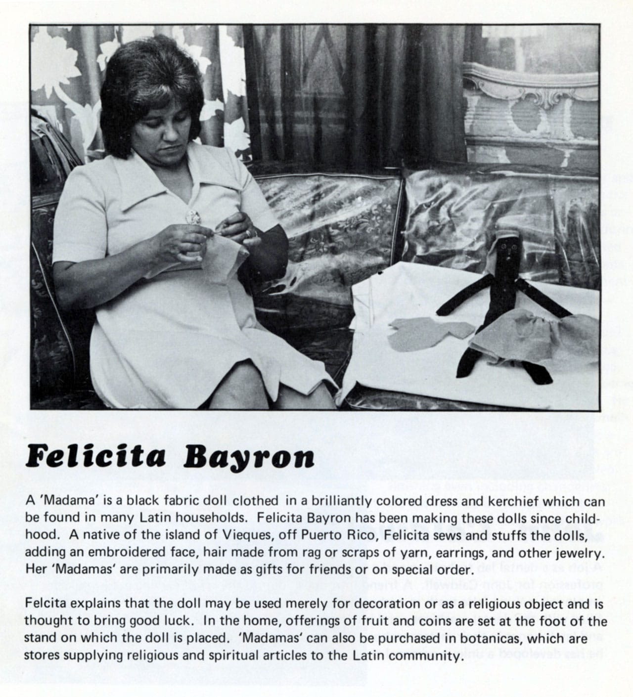 Felicita Bayron photograph and descriptive text from 'Hands & Heart: A Look at the Traditional Skills of the Lower East Side,' CAW Collect and the Museum of Contemporary Crafts, 1974 (scan by the author for Hyperallergic) (click to enlarge)
