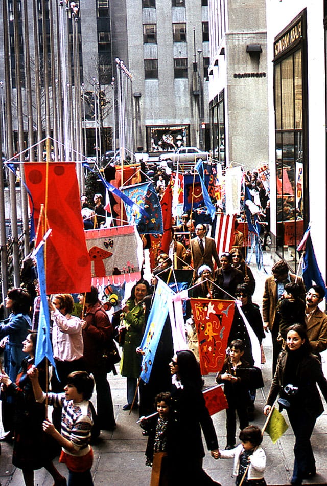 Parade in midtown Manhattan at end of 'Make a Banner-Fly a Banner,' 1973 (photo courtesy American Craft Council)