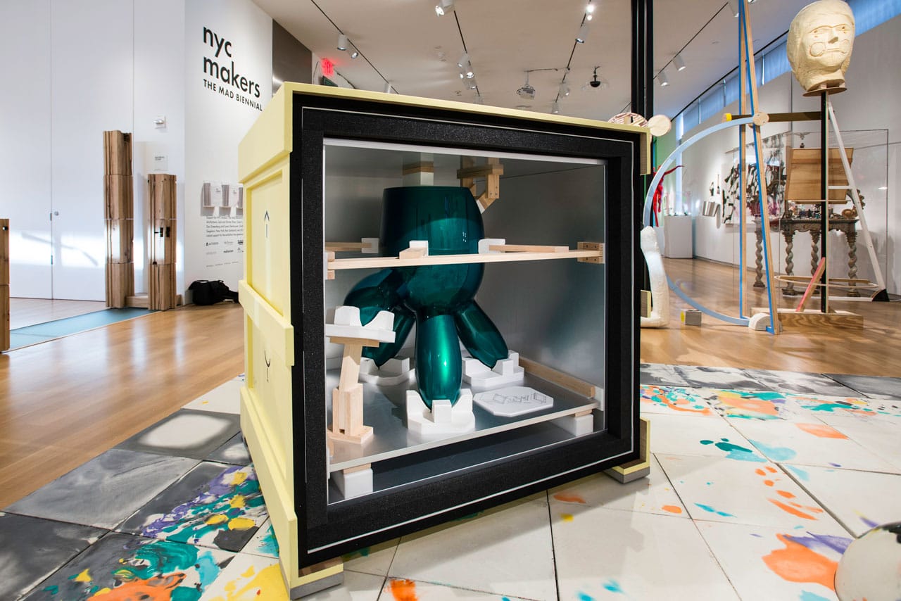 Installation view, ‘NYC Makers: The MAD Biennial’ at the Museum of Arts and Design, 2014, with detail of "Custom Museum Crate" (2014) by Boxart and of "Which Side Up Table" (2008) by Wendell Castle, within the museum crate (photo by Eric Scott)