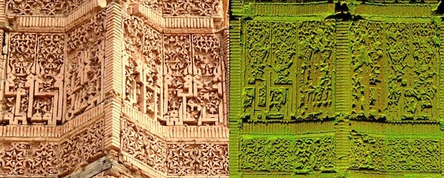 Detail of the intricate brickwork on the Mas'ud III tower alongside a flattened image of the same  brickwork overlaid by "point cloud" data from the laser scanner (images courtesy of HABS) 