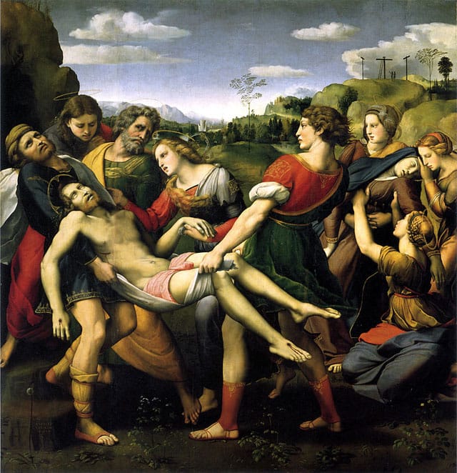 Raphael, "The Deposition" (1507), oil on wood , 184 cm × 176 cm (72 in × 69 in) (image via Wikimedia)