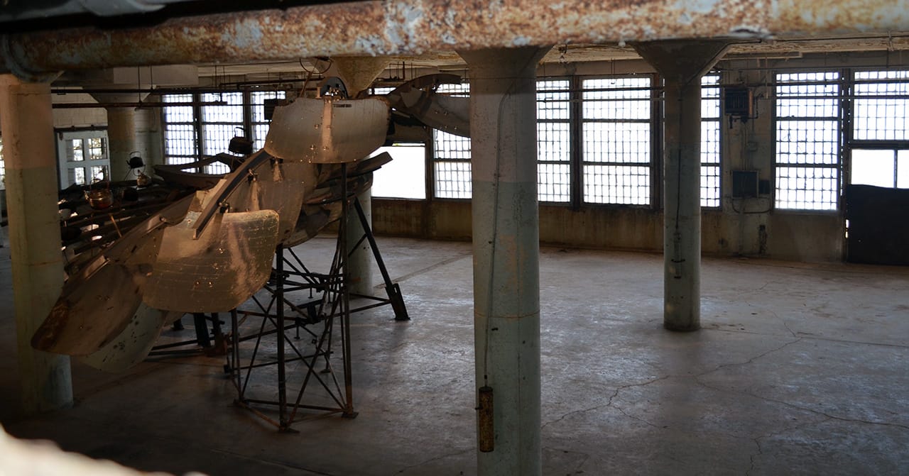 A skewed view of the massive bird wing that is part of Ai Weiwei's "Refraction" (2014)