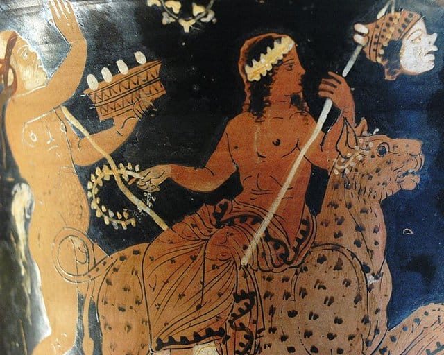 "Dionysos on a panther's back" detail of a red figure bell shaped crater (ca. 370 BC, found in Paestum) collection of Musée du  Louvre , (photograph by Marie-Lan Nguyen, releasd in public domain, couresty of Wikipedia Commons ) 