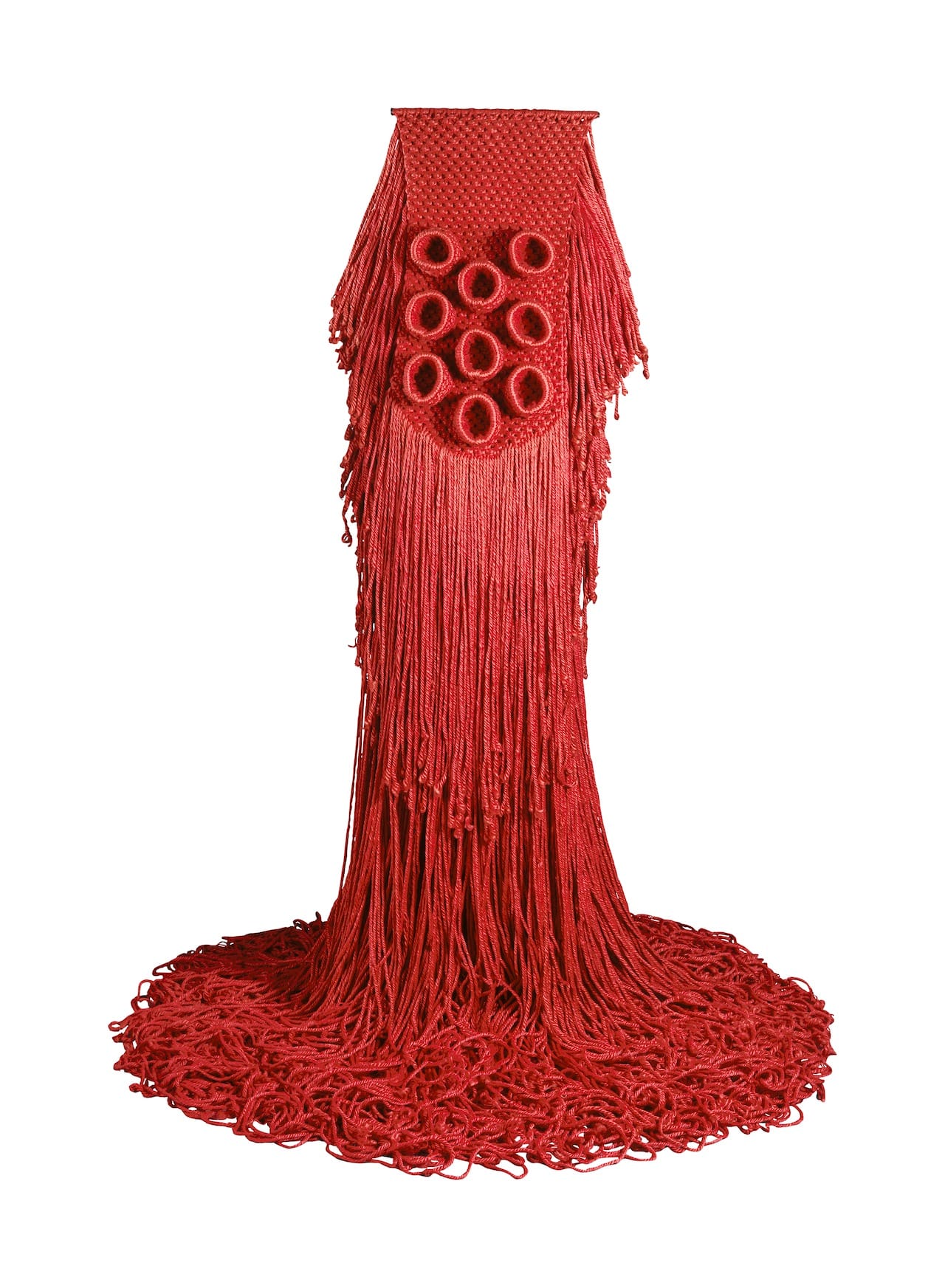 Claire Zeisler  Red Wednesday, 1967  Jute and wool  68 x 40 x 40 inches  173 x 102 x 102 cm  Museum of Arts and Design, New York  Gift of the Dreyfus Corporation, through the   American Craft Council, 1989  Photo by Eva Heyd ©Estate of Claire   Zeisler, courtesy of Rhona Hoffman Gallery,   Chicago