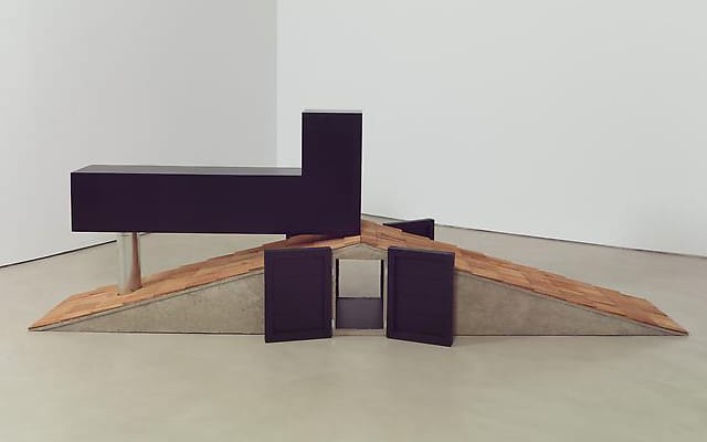 Siah Armajani, "Tomb for Neema" (2012) Concrete, wood, shingles, paint 55h x 168w x 60d in (139.7h x 426.7w x 152.4d cm) (via alexandergray.com)