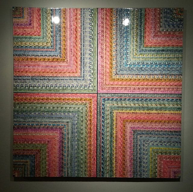 Jordan Scott, "Vortex" (2013), US postage stamps and resin on canvas, 60" x 60"