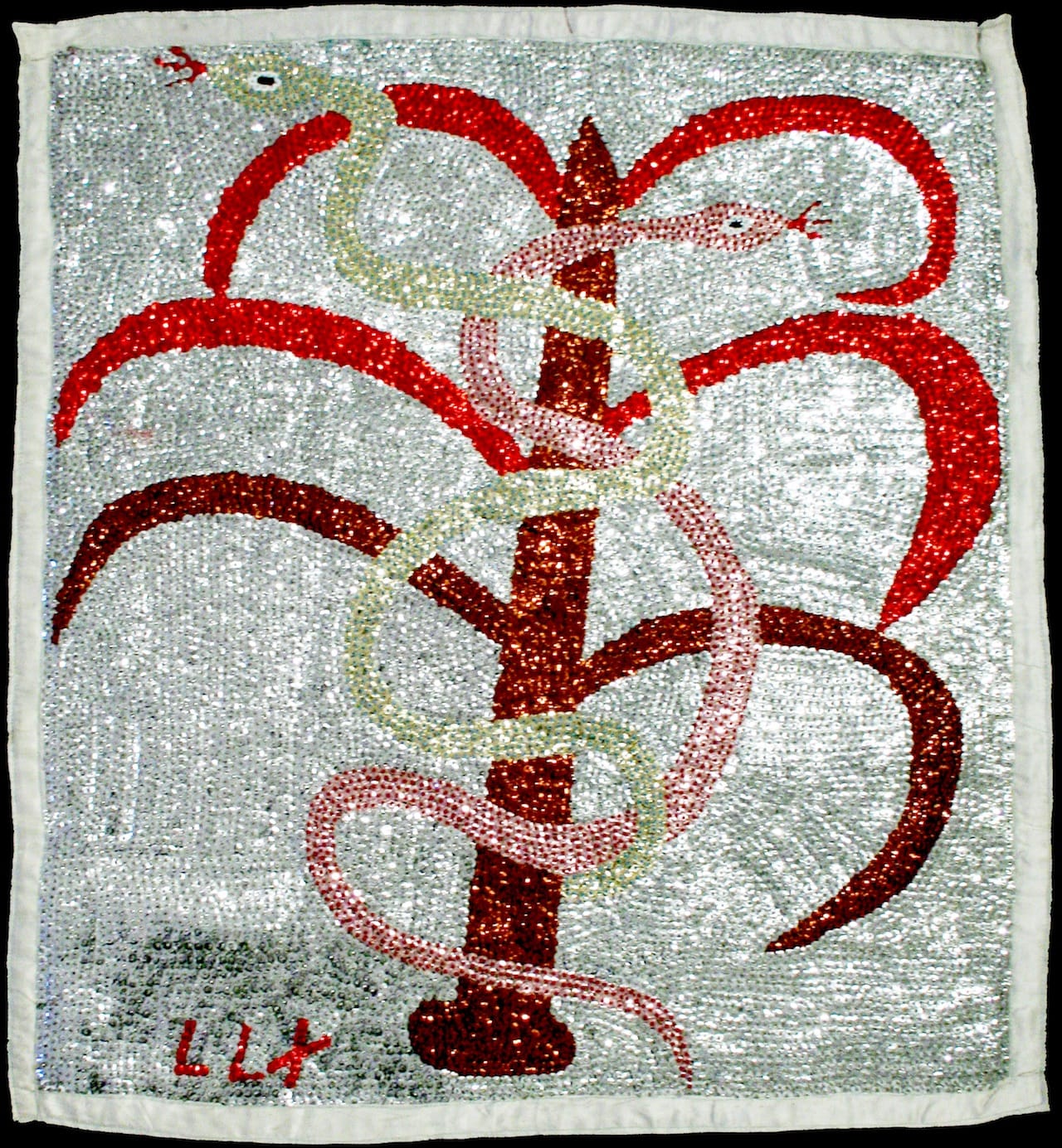 Damballah Aida Wedo (Rada) b Mid 20th century Cotton, polyester raffia, satin, beads, thread, and sequins 31 x 28 x 1/16 Courtesy Thomas Schultz Collection