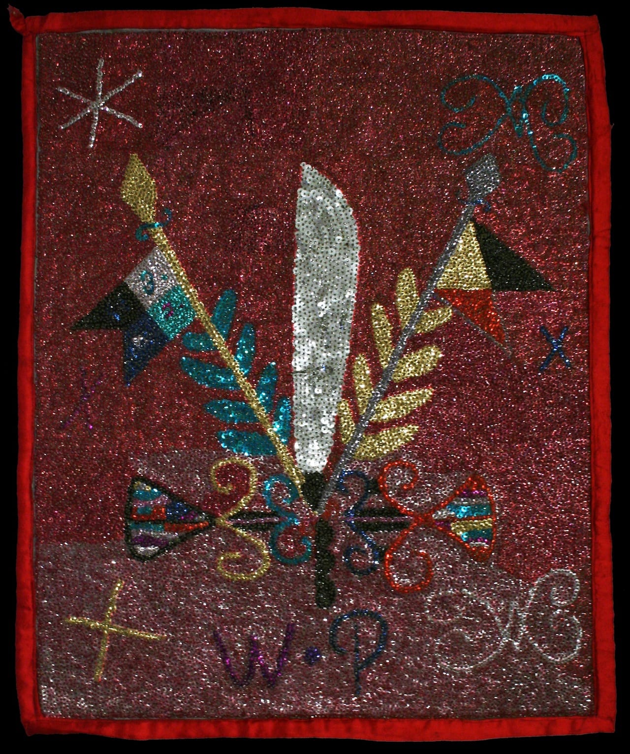 Ogoun (Rada) b Mid 20th century Satin, beads, sequins, polyester raffia, and thread 33 x 26 1/2 x 1/8 Courtesy Thomas Schultz Collection