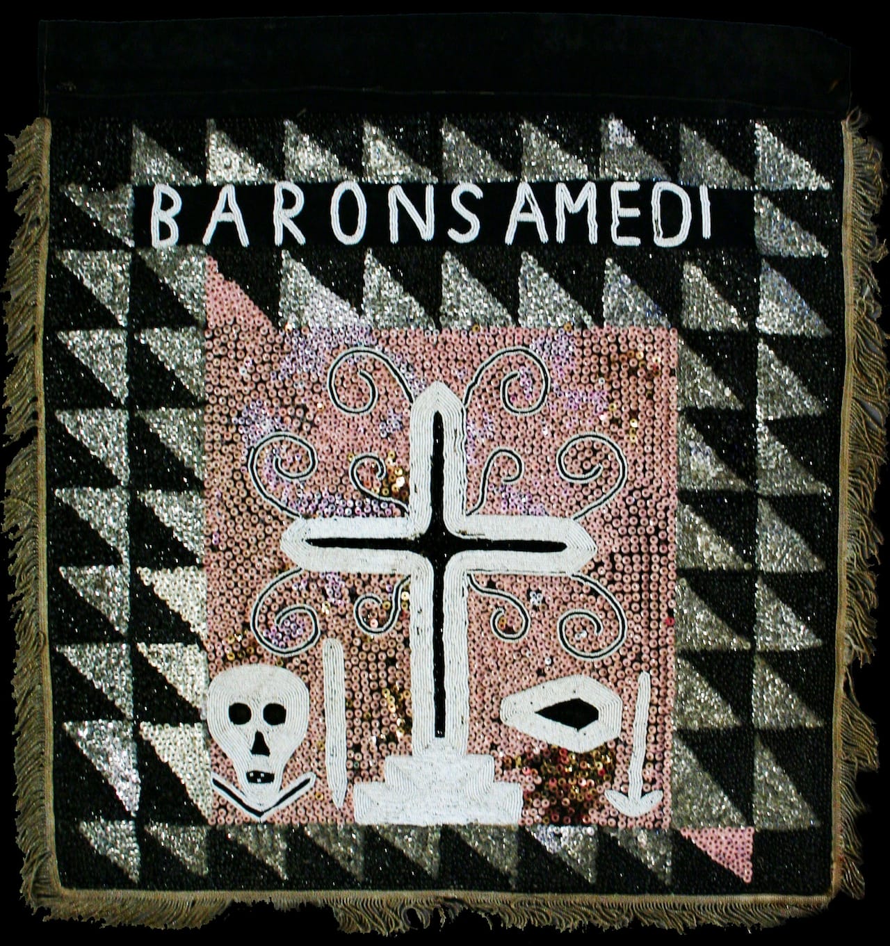 Baron Samedi (Rada) Mid 20th century Cotton, burlap,sequins, beads, thread, and fringe 33 x 31 x 1/4 Courtesy Thomas Schultz Collection
