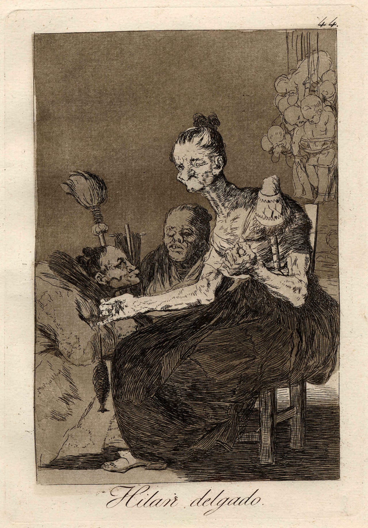 They spin finely (Hilan Delgado), Los Caprichos, plate 43, 1799, Francisco de Goya y Lucientes (1746-1828),etching, aquatint, drypoint and burin, © The Trustees of the British Museum