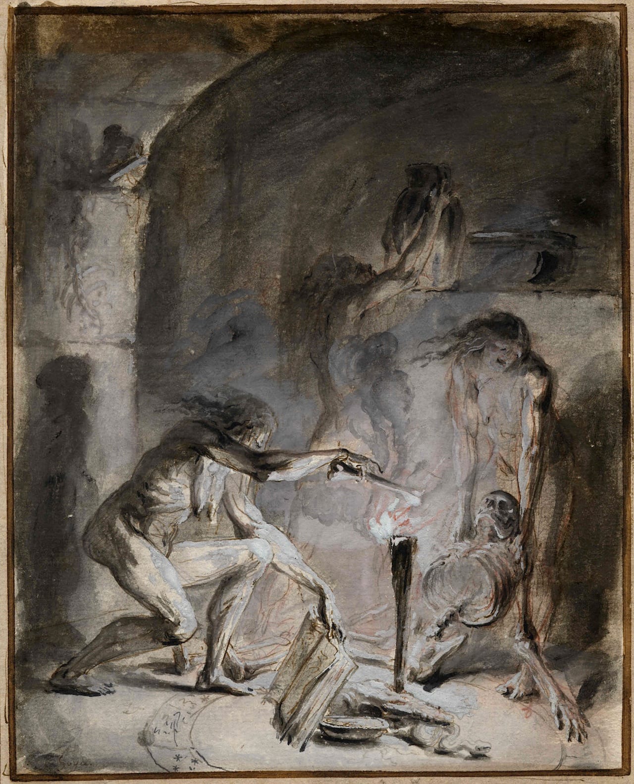 Witchcraft scene, three nude figures in a darkened interior, including figure at right holding a recumbent skeleton by the shoulders, and a female figure at left with left hand holding an open book and right a bone above a flame. c.1780, Inscribed: 'Goya.' attributed to Luis Paret y Alcazar, pen and ink with watercolour. © The Trustees of the British Museum