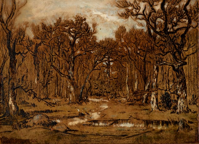 Théodore Rousseau, "Study for The Forest in Winter at Sunset" (ca. 1846), oil over charcoal with white heightening on paper, mounted to canvas, 9 5/8 x 13 1/4 inches. Private collection (all images courtesy the Morgan Library & Museum)