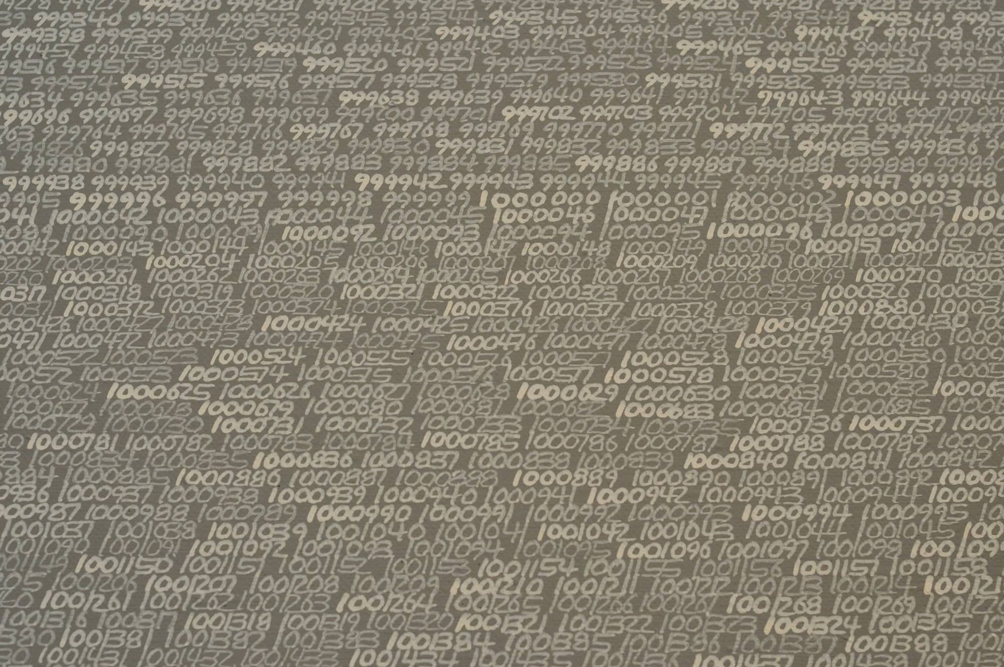 Detail of the place when Opalka hit the number 1,000,000 in his series, The spot Roman Opalka hit 1,000,000 — "Opalka 1965/1 - ∞, Detail 993460–1017875" (photo Hrag Vartanian/Hyperallergic)