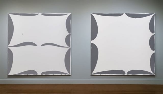 (Left to right) "Psych Alike" (2014) acrylic on canvas. "Open Omen" (2014) acrylic on canvas.