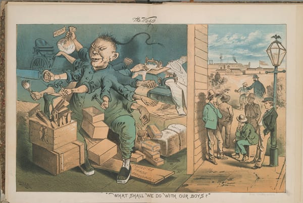 George Frederick Keller, “What shall we do with our boys?” in The Wasp, March 3, 1882. Courtesy of The Bancroft Library, University of California, Berkeley.