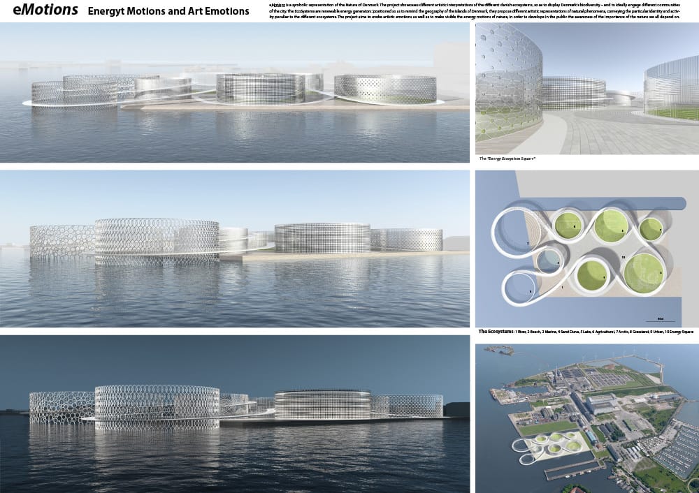  "eMotions: Energy Motions and Art Emotions" won third prize. It was developed by Antonio Maccà and Flavio Masi of Padova, Italy. Each cylinder is a hybrid renewable energy generator that integrates photovoltaic panels, wind turbines and other wind energy systems. Their designs are artistic interpretations of the varying natural habitats in Denmark — its rivers, beaches, marine ecosystem, sand dunes, lakes, farmland, arctic snow, grasslands, forests and cities. (Image courtesy of LAGI)
