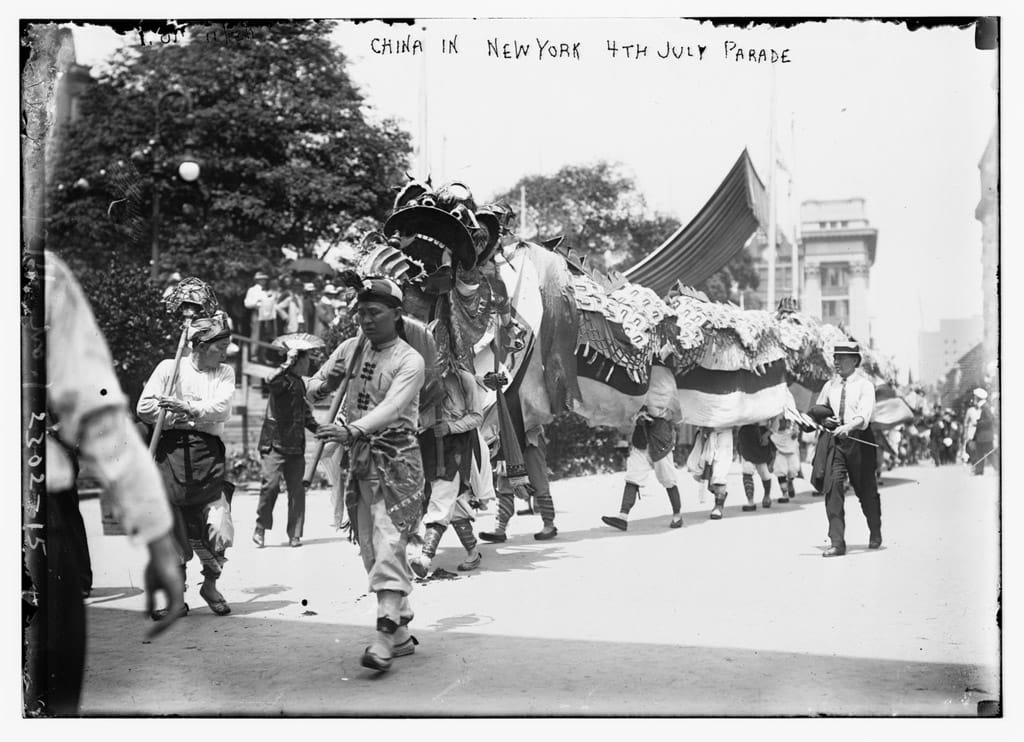 China in N.Y. 4th of July Parade, 1911. The large and prosperous community of Chinese residents in Marysville, California acquired this ceremonial dragon from China in the 1880s. The majestic “Moo Lung” appeared in parades and celebrations nationwide, including the July 4th, 1911 “Parade of Nations” in New York City. (Library of Congress, Prints & Photographs Division, [LC-B2-2302-15])