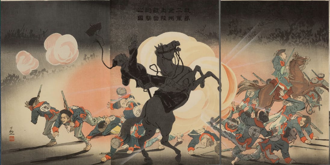 A Japanese shell explodes in the Chinese camp at Kinshū (Jinzhou) in this print by Kobayashi Kiyochika, part of the album published by Daikokuya Heikichi in 1895. 