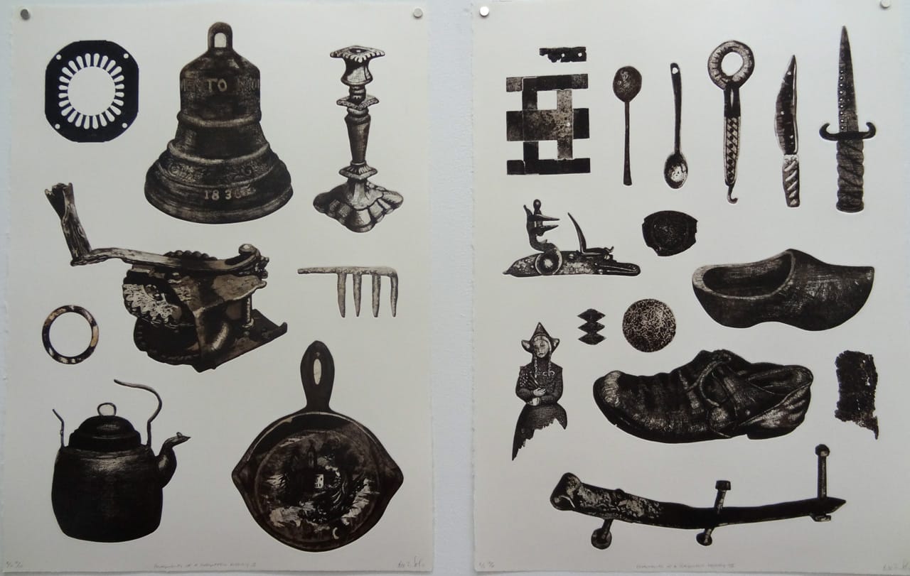 Bevan De West, "Fragments of a Forgotten History  II and III" (2008–11), etching