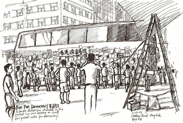 A drawing by Gary Yeung of the "Bus for Democracy" set up on Nathan Road (Image via Facebook)