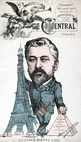 A caricature of Gustave Eiffel comparing the Eiffel Tower to the Egyptian pyramids (Image via Wikimedia) 