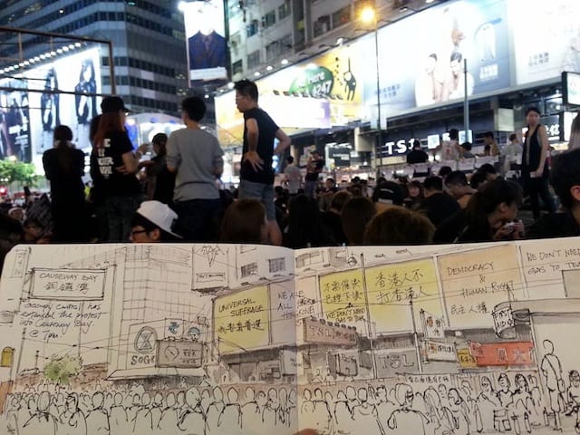 A drawing of Causeway Bay by Alvin Wong (Image via Facebook) 