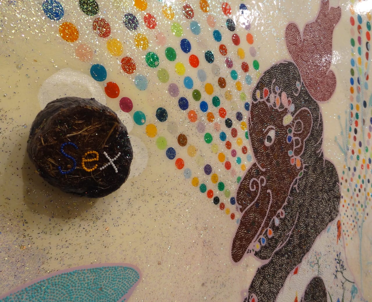 Detail of Chris Ofili, "Monkey Magic - Sex, Money and Drugs" (1999)