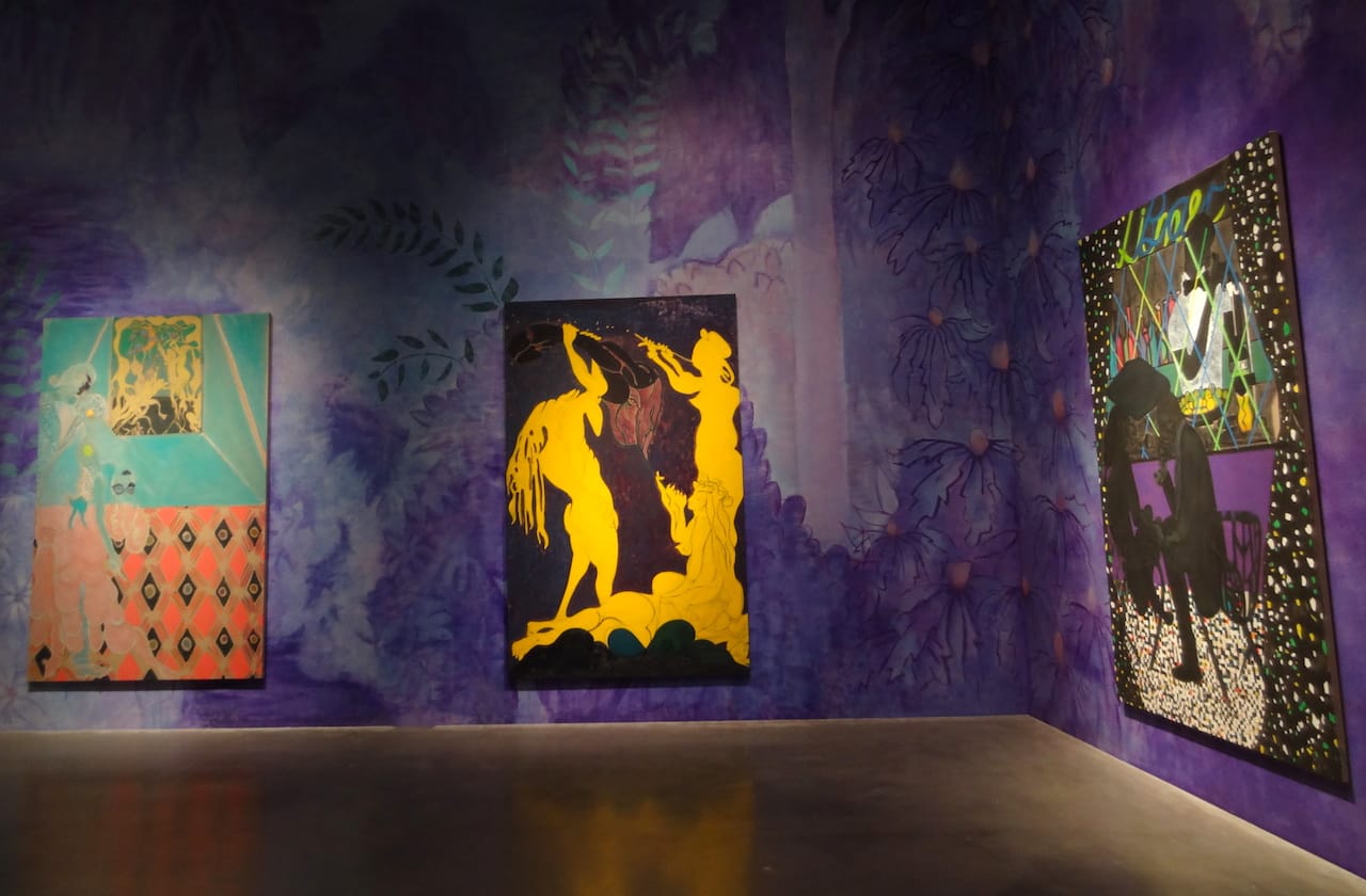 Installation view of 'Chris Ofili: Night and Day' with "Ovid-Desire" (2011–12, at left), "Ovid–Actaeon" (2011–12, at center), and "Lime Bar" (2014, at right)