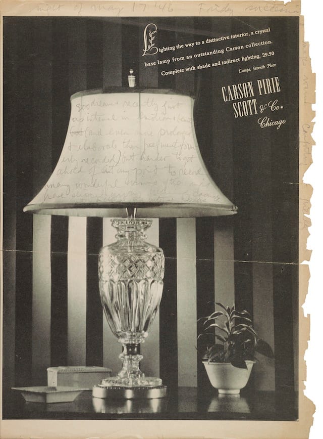 " Cornell records impressions of his dreams from the night of May 17, 1946, written in pencil on a page torn from a magazine. The page features an advertisement for a lamp collection sold by Carson Pirie Scott & Co.  On verso is another ad, for Kellogg stationery." (Image courtesy of the Archives of American Art, Smithsonian Institution)