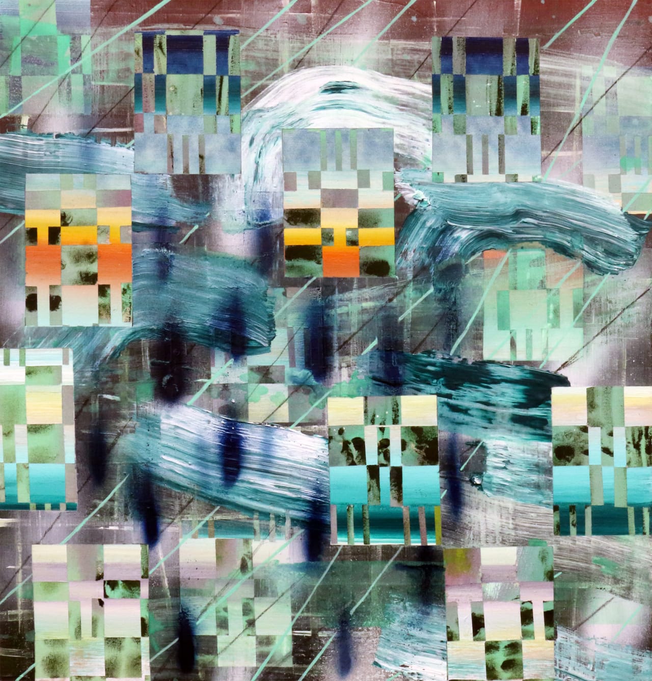 Michael Covello, "Smithereens" (2014), acrylic, charcoal, and spray paint on canvas, 26 x 27 in