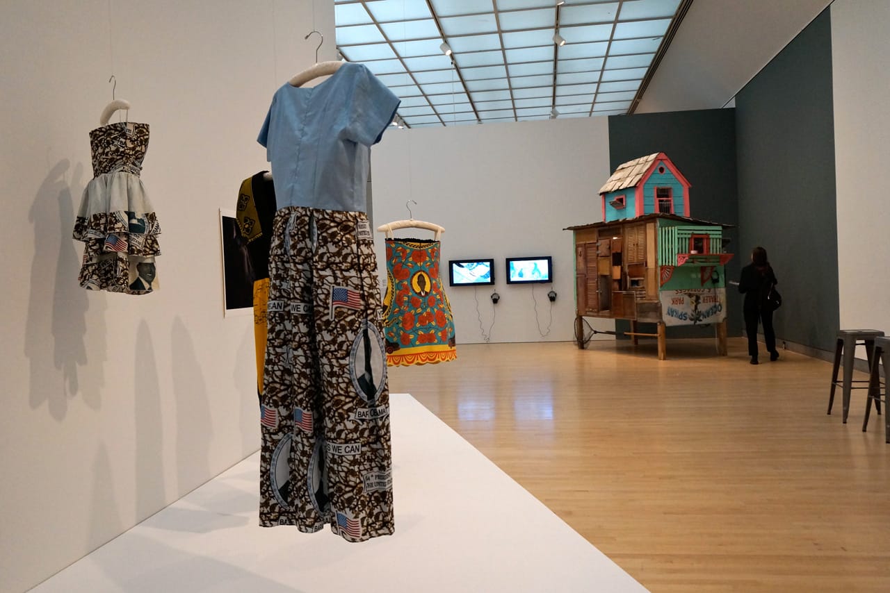 Installation view, 'Crossing Brooklyn,' with work by Aisha Cousins in foreground and Riley's pigeon coop in back right