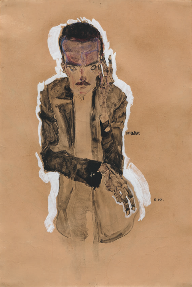 Egon Schiele, “Portrait of Eduard Kosmack, with Raised Left Hand” (1910), watercolor, gouache, and black chalk. Private Collection (Courtesy the Neue Galerie, New York)