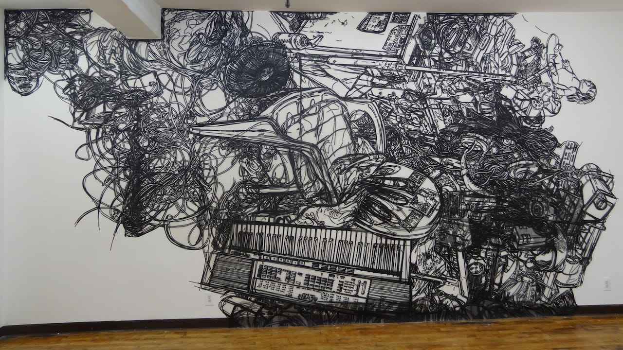 A tape mural by Heeseop Yoon, presented by Outlet, at The Active Space